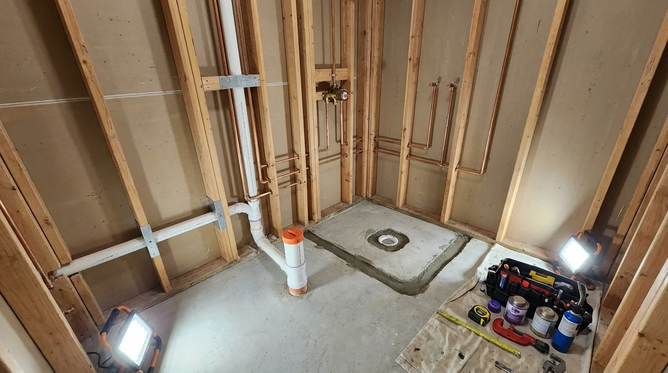 Bathroom rough-in plumbing during remodel by Johns Plumbing LLC in Lake Elsinore