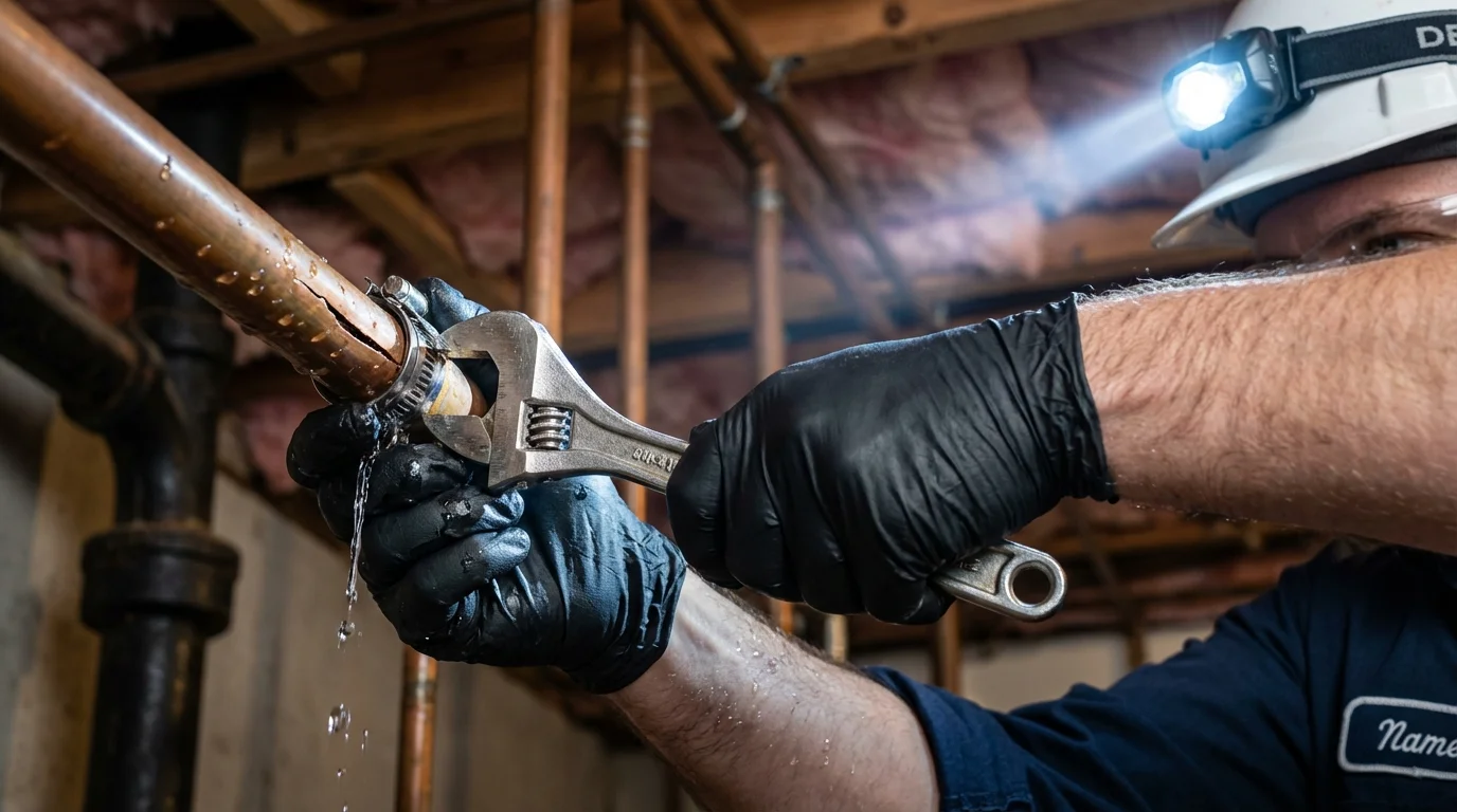 Emergency pipe clamp repair being performed by a Johns Plumbing LLC plumber in Lake Elsinore