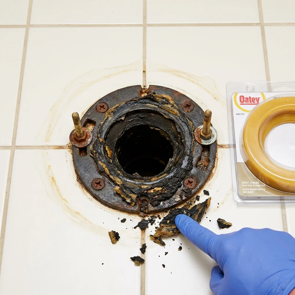 Failed wax ring showing water seepage at the base of a toilet in a Lake Elsinore, CA home