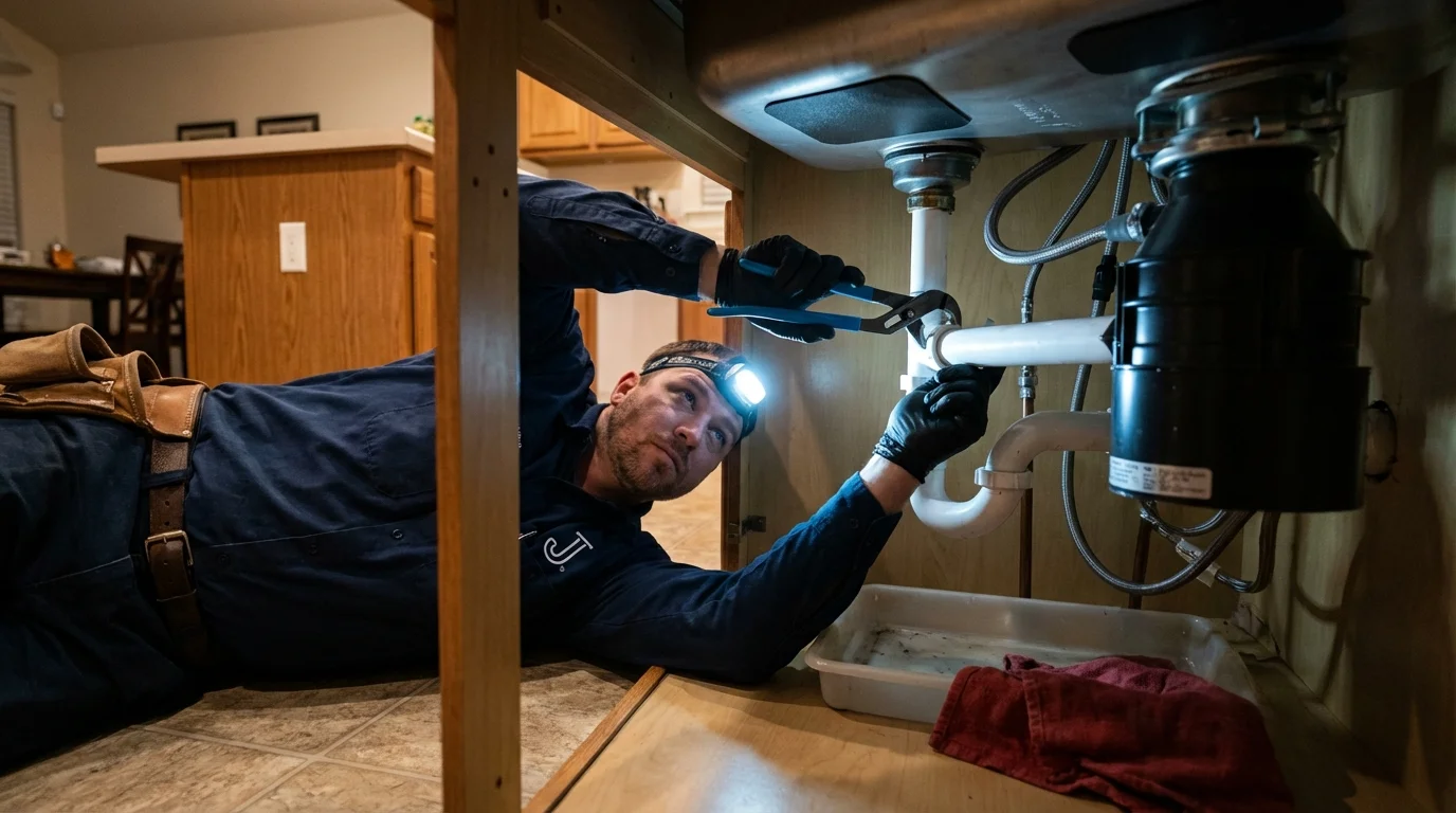 P-trap and supply line connections under a kitchen sink showing a common leak point in Lake Elsinore, CA
